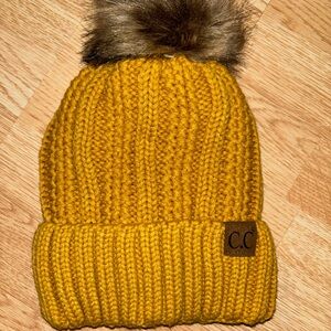 C.C Yellow Knitted Hat with Pom-Pom and Ribbed Knit